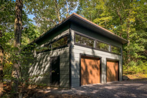Modern 4-car garage built by Sheds Unlimited