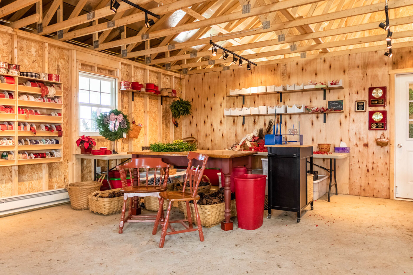 A wreath decorating corner in a shed in Jarrettsville, MD.