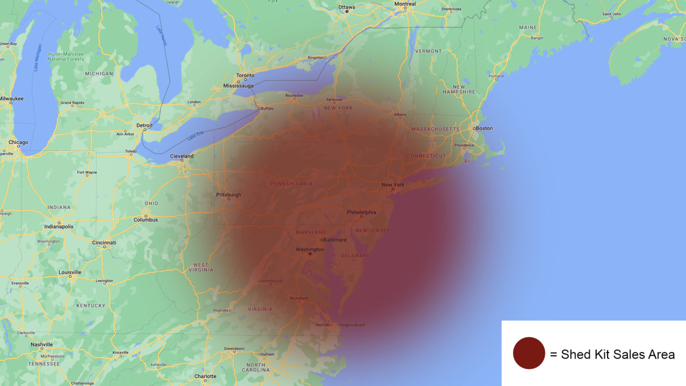 A map of the shed kit sales area serviced by Shed's Unlimited in a 300-mile radius around Gap, PA